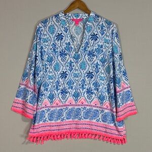 Lilly Pulitzer Blue Print Tassel Hem Tunic Top Blouse Size L